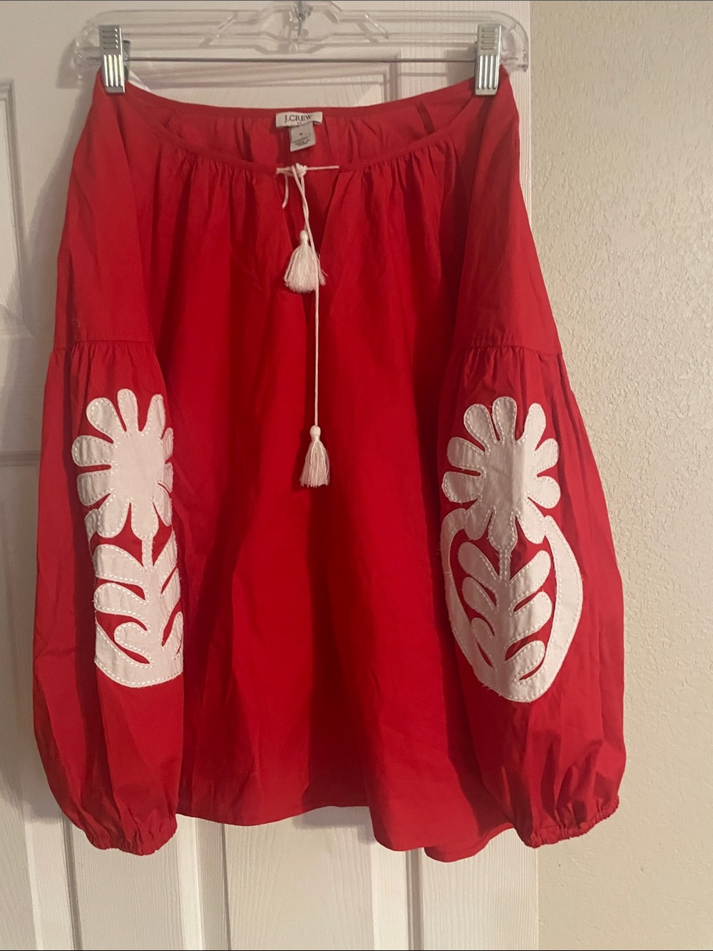 J. Crew Red Peasant Tunic with White Floral Embroidery